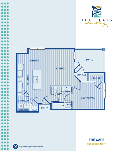 Floor plan for 1 bed, 1 bath, 885 sqft